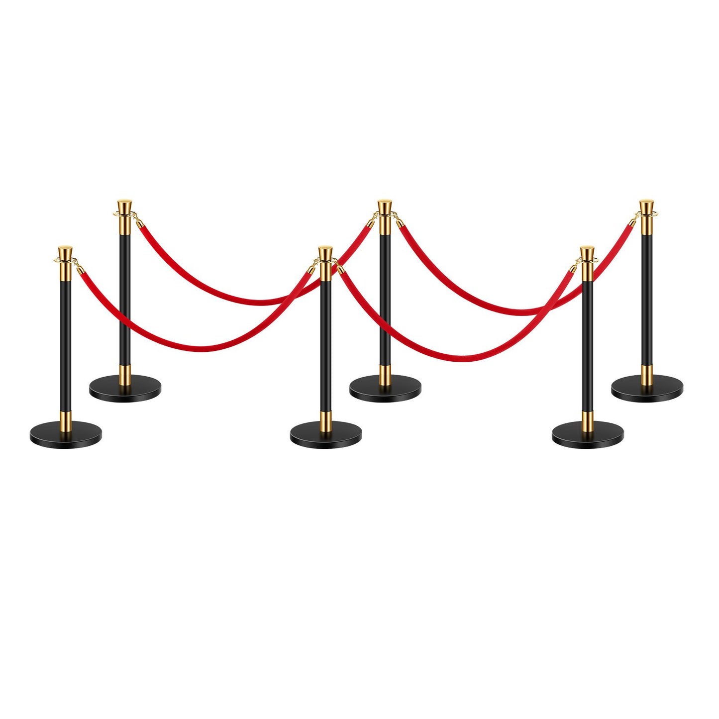 6 pcs pole post with 4 red velvet ropes and hollow base for sand injection
