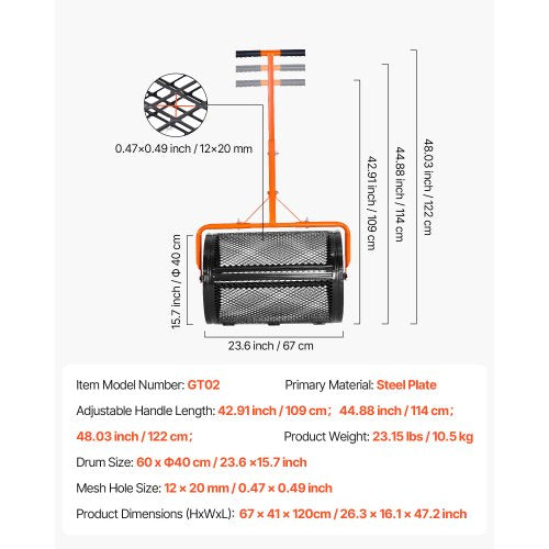 Kompostspridare, 24 tum bred torvmossspridare med T-format handtag, 3 höjdjusterbar, pulverlackerad ståltorvvals, kraftiga gräsfröspridare för plantering och sådd | EU
