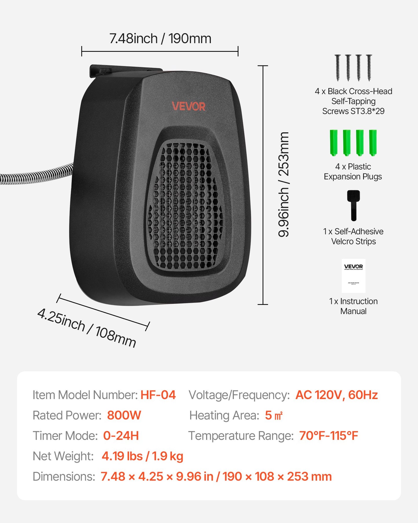 Dog House Heater, 800W Pet Heater House with Overheat Protection, Adjustable Temperature & 24H Timer, Portable Electric Warmer with Anti-Bite Metal Material, Lightweight Chicken Coops Heated