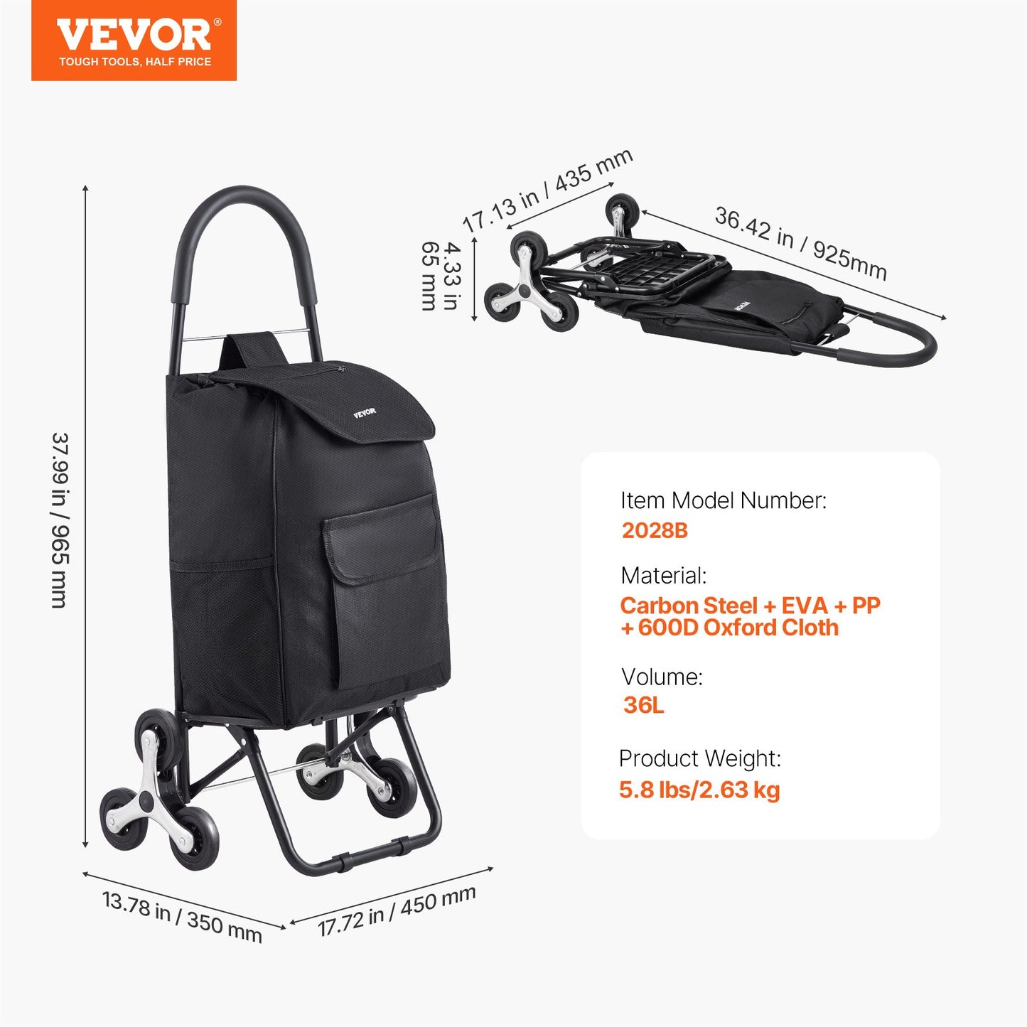 Stair Climber Trolley Dolly, 36L Folding Shopping Cart, Grocery Cart Trolley Laundry Stair Climbing Handcart with 6 Wheels & Oxford Cloth Bag, Foldable Cart for Shopping Grocery Laundry, Black