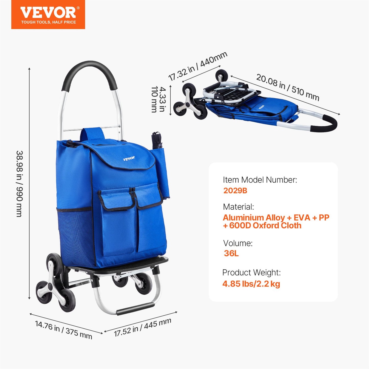 Stair Climber Trolley Dolly, 36L Folding Shopping Cart, Grocery Cart Trolley Laundry Stair Climbing Handcart with 6 Wheels & Oxford Cloth Bag, Foldable Cart for Shopping Grocery Laundry Climbing