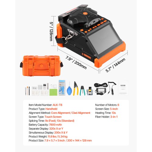 Fiber Fusion Splicer 6 Motors Core and Cladding Adjustment 5" Touch Screen