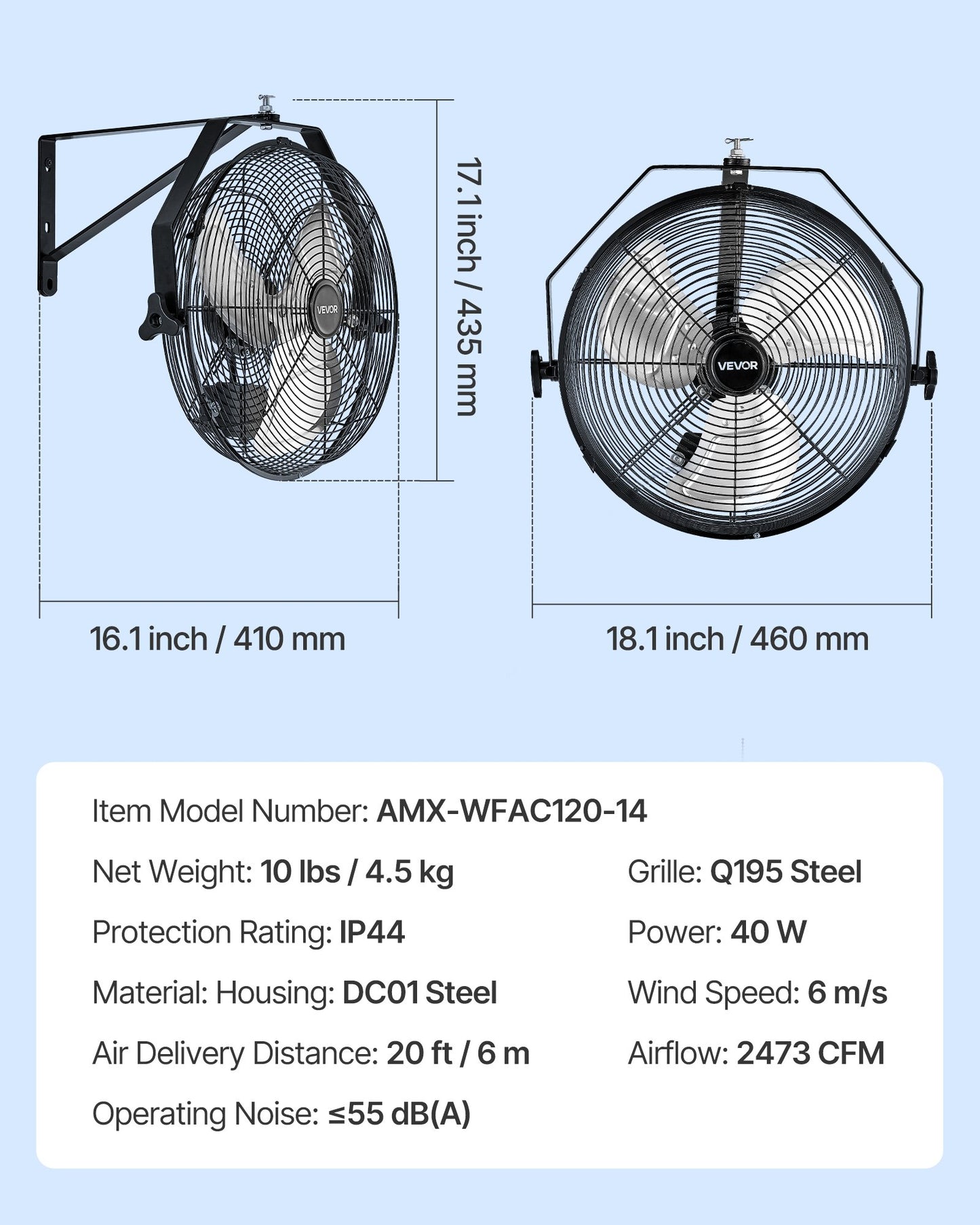 14 Inch Industrial Wall Mount Fan, High Velocity 2473 CFM Outdoor Fan with 3 Speeds, Waterproof IP44 Garage Wall Fan with Aluminum Blades for Workshop, Warehouse, Greenhouse