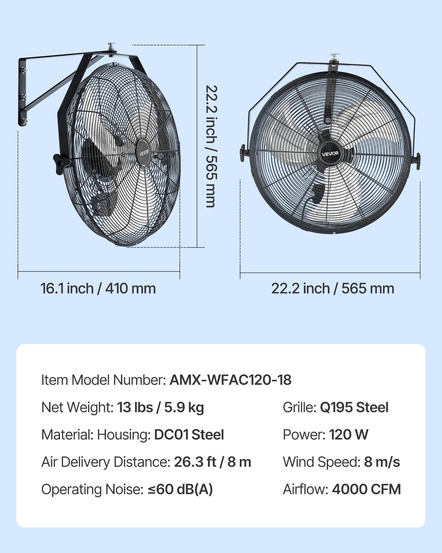 18 Inch Industrial Wall Mount Fan, High Velocity 4000 CFM Indoor Fan with 3 Speeds, Powerful Motor Garage Wall Fan with Aluminum Blades for Workshop, Warehouse, Greenhouse, Commercial