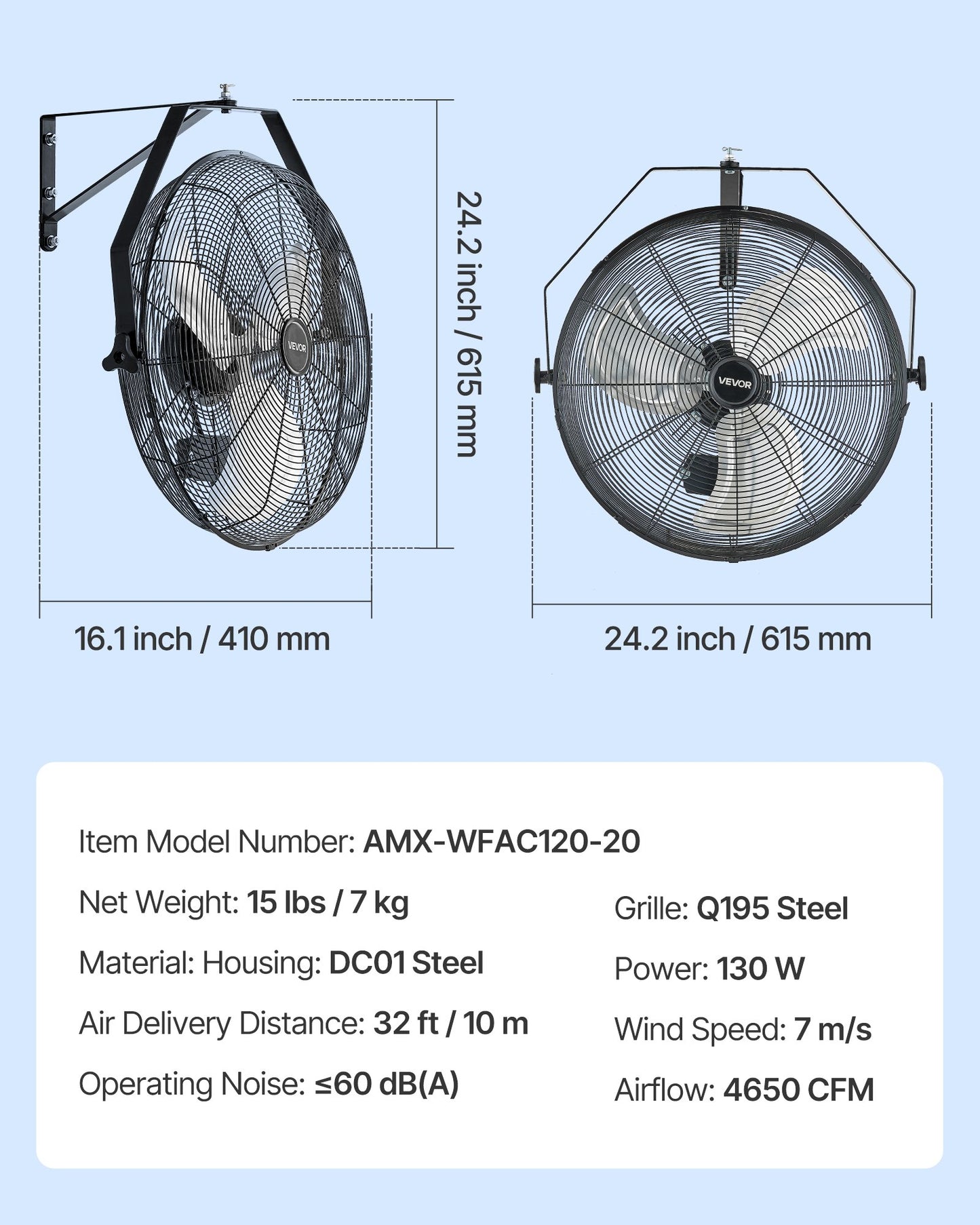 20 Inch Industrial Wall Mount Fan, High Velocity 4650 CFM Indoor Fan with 3 Speeds, Powerful Motor Garage Wall Fan with Aluminum Blades for Workshop, Warehouse, Greenhouse, Commercial