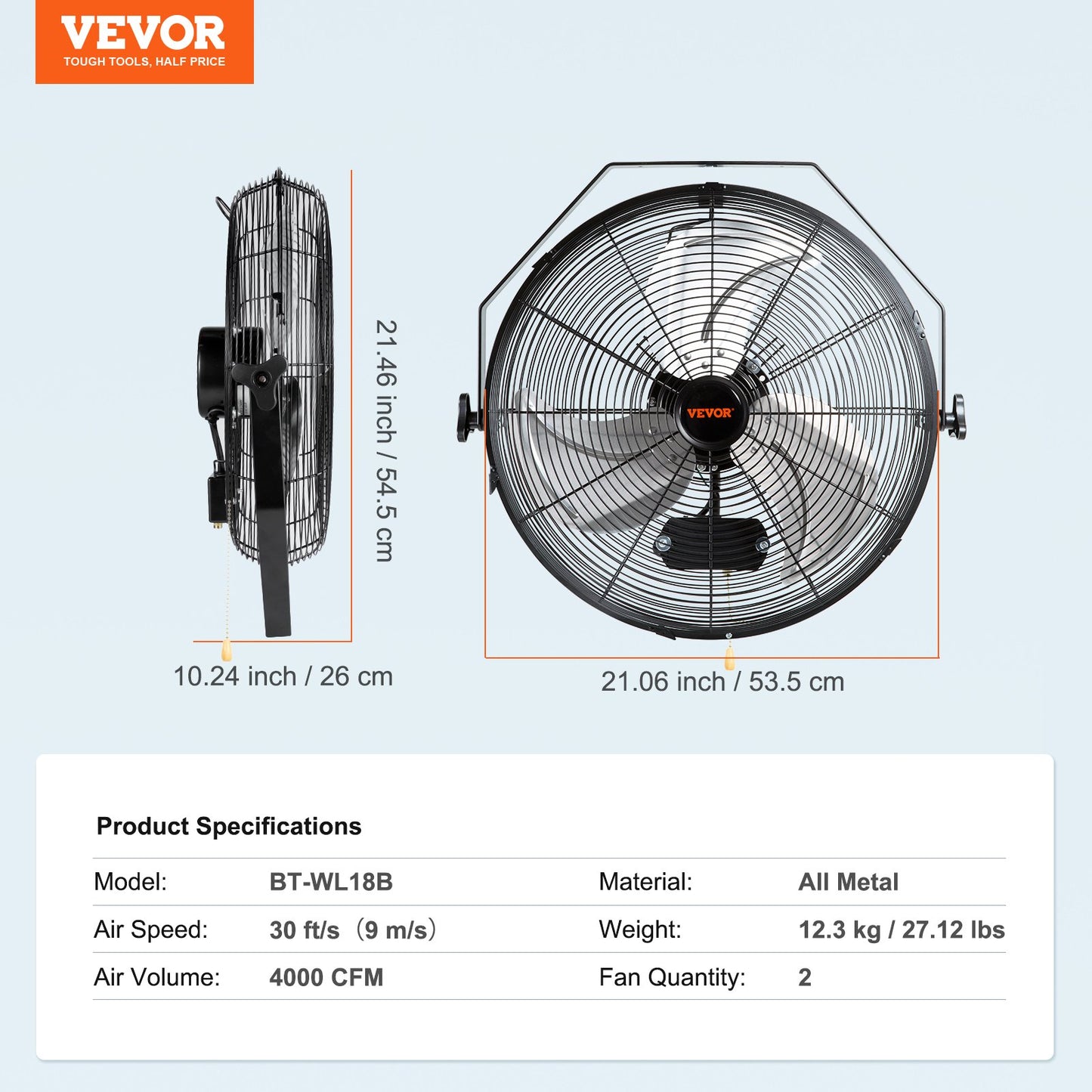 Wall Mount Fan, 2 PCS 18 inch Waterproof, 3-speed High Velocity Max. 4000 CFM Industrial Wall Fan for Indoor, Commercial, Residential, Warehouse, Greenhouse, Workshop, Basement, Garage,Black