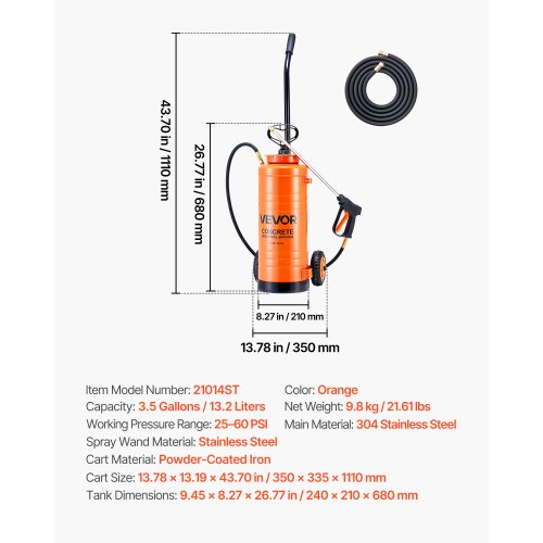 Industriell Betongspruta med Hjulvagn, 14L Rostfri Spruta, Kraftiga Tri-Poxy Pumpsprutor, 52cm Skaft, 1,2m & 3m Slangar, 2 Mässingsmunstycken för Bygg, Gräsmatta & Trädgård | EU