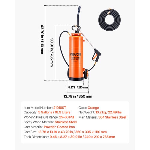 Industriell Betongspruta med Hjulvagn, 19L Rostfri Spruta, Kraftiga Tri-Poxy Pumpsprutor, 52cm Skaft, 1,2m & 3m Slangar, 2 Mässingsmunstycken för Bygg, Gräsmatta & Trädgård | EU