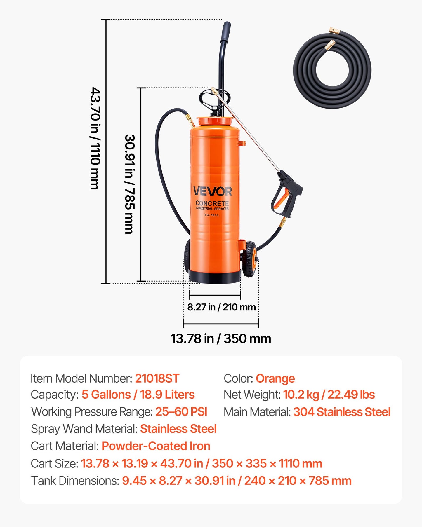 Industrial Concrete Sprayer with Wheeled Cart, 5 Gallon Stainless Steel Sprayer, Heavy Duty Tri-Poxy Pump Sprayers, 20.5''Wand, 48" & 120" Hoses, 2 Brass Nozzles for Construction, Lawn & Garden