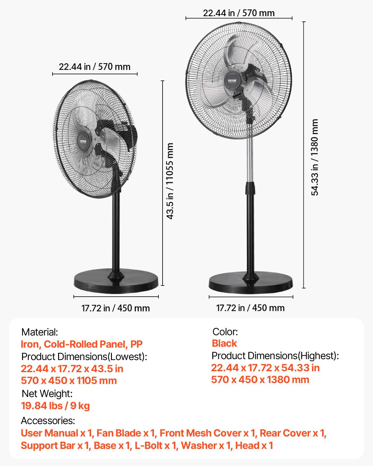 Industrial Pedestal Fan, 20 Inch 90-Degree Oscillating Fan, Height Adjustable Standing Fans with 3 Adjustable Speeds, High Power Fans for Warehouse,Garage,Commercial, Black