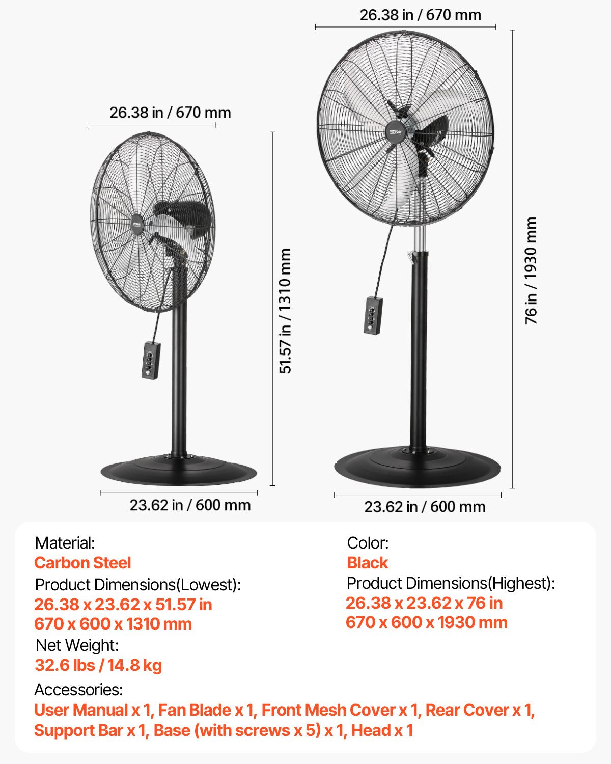 Industrial Pedestal Fan, 24 Inch 85-Degree Oscillating Fan, Height Adjustable Standing Fans with 3 Adjustable Speeds, High Power Fans for Warehouse,Garage,Commercial, Black
