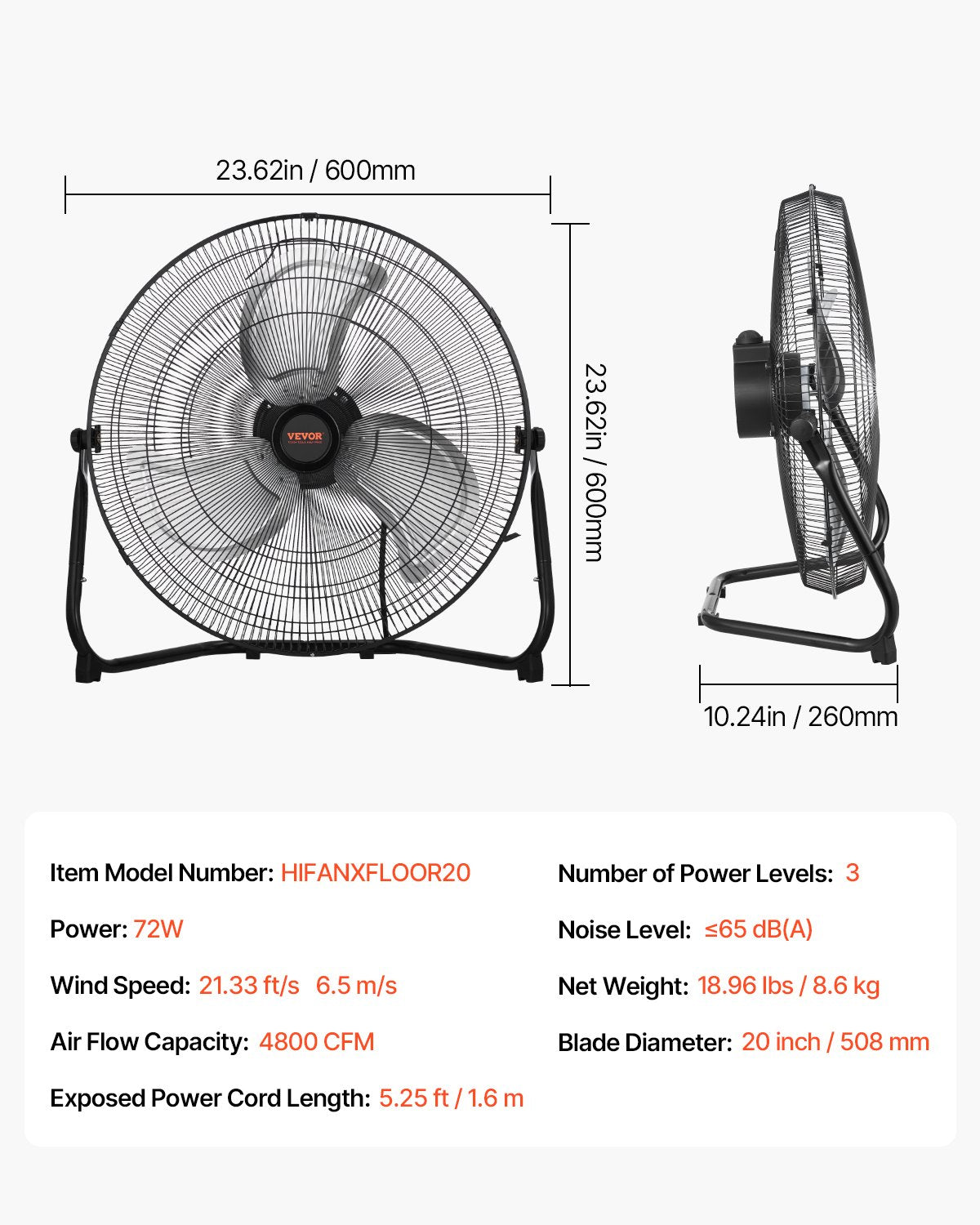 Floor Fan, 3 Speeds High Velocity Heavy Duty 20 Inch Industrial Fan, 4800 CFM 360° Adjustable Tilt 21.33 ft/sec Airflow Large Metal Fan, for Home, Gym, Office, Garage, Commercial Shop & Bedroom