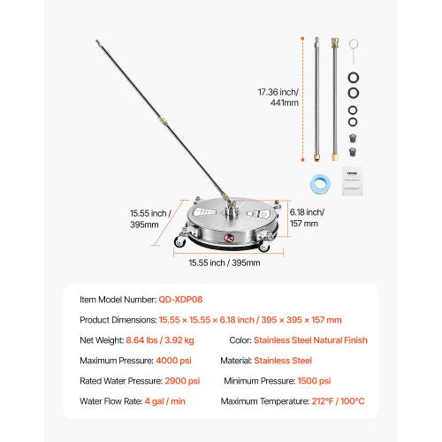 15" högtryckstvätt ytrengörare 4 hjul 4000 max PSI 2 förlängda skaft | EU