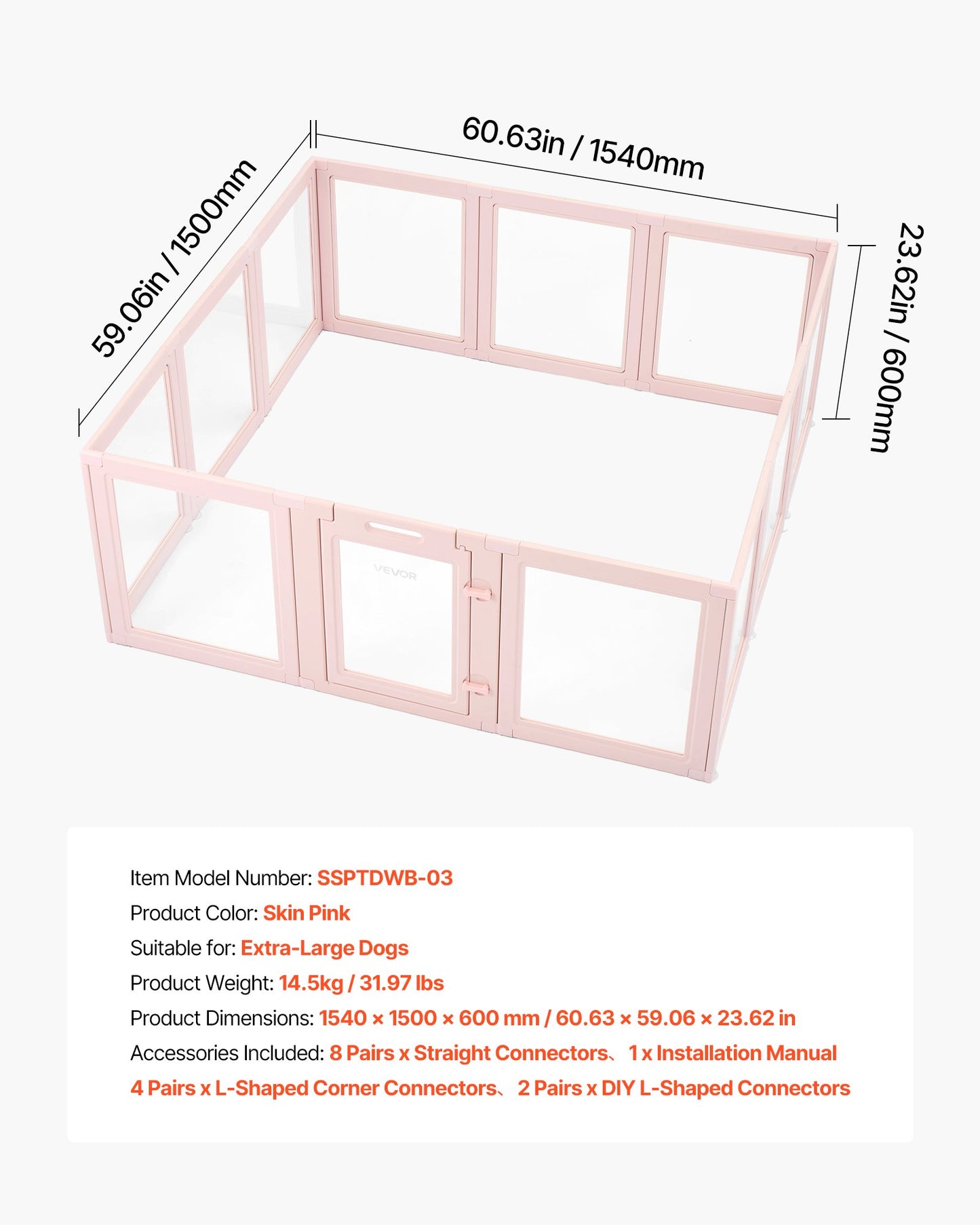 Dog Whelping Box, 60x59x23 in Transparent Plastic Dog Whelping Pen for X-Large Sized Dogs, Waterproof Puppy Playpen with Windows & Door Lock, Easy to Clean, Durable Indoor Pet Dogs Cats Birth Kit