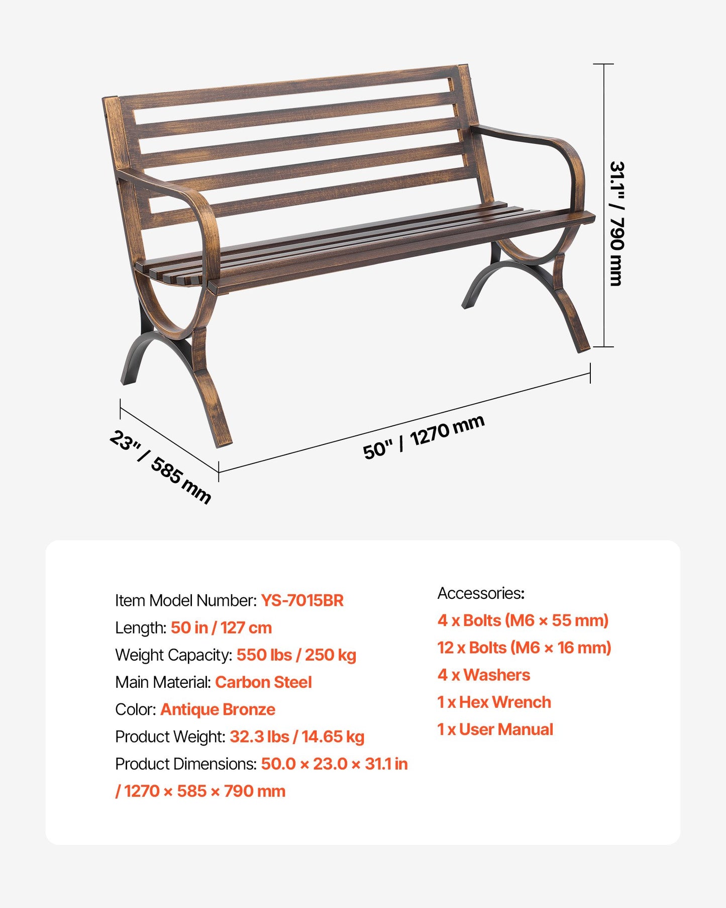Outdoor Bench, 50 inch, Carbon Steel Metal Frame with Slatted Pattern Backrest and Round Edge Armrests, Weatherproof Outside Bench for Patio, Garden, Park, Yard, Front Porch, Antique Bronze