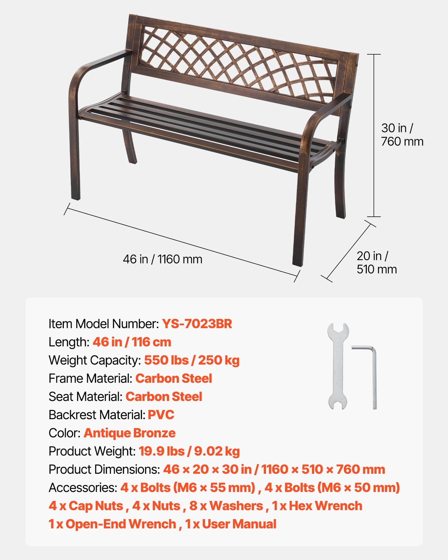 Outdoor Bench, 46 inch, Carbon Steel Metal Frame with PVC Mesh Pattern Backrest and Round Edge Armrests, Weatherproof Outside Bench for Patio, Garden, Park, Yard, Front Porch, Antique Bronze