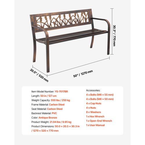 Outdoor Bench Terrace Bench 127 cm Metal Frame PVC Floral Backrest for Veranda | EU