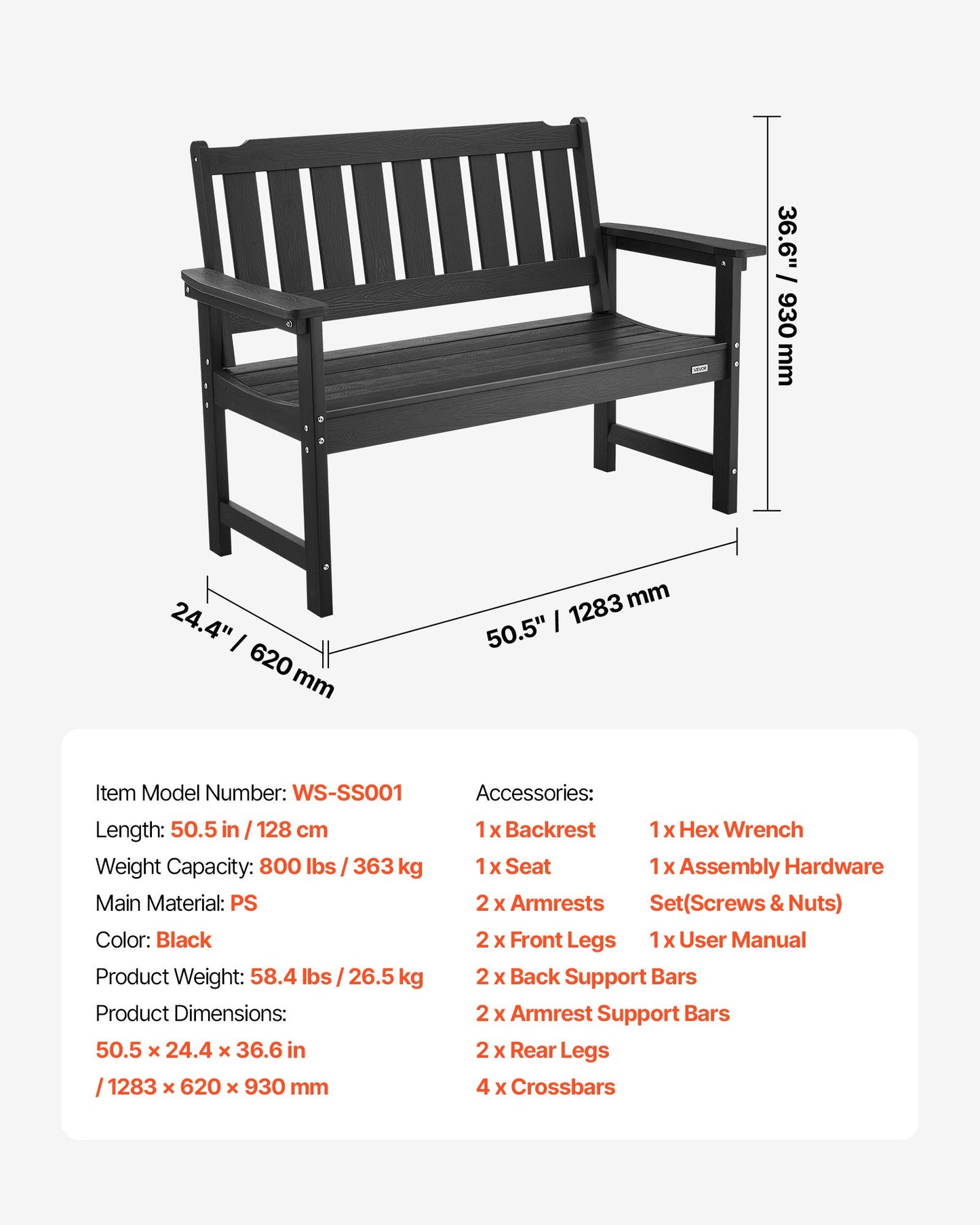 Outdoor Bench, 50.5 inch, 800 lbs Weight Capacity for 2-3 Persons, Weatherproof Plastic Frame with Backrest and Wide Armrests, Outside Bench for Patio, Garden, Park, Yard, Front Porch, Black