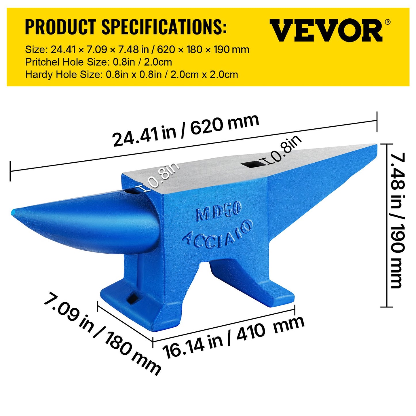 Single Horn Anvil Cast Steel Anvil Blacksmith for Sale Forge Steel Tools with Round and Square Hole and Equipment Anvil Rugged Blacksmith Jewelers Durable and Robust Metal Working Tool 105Lbs