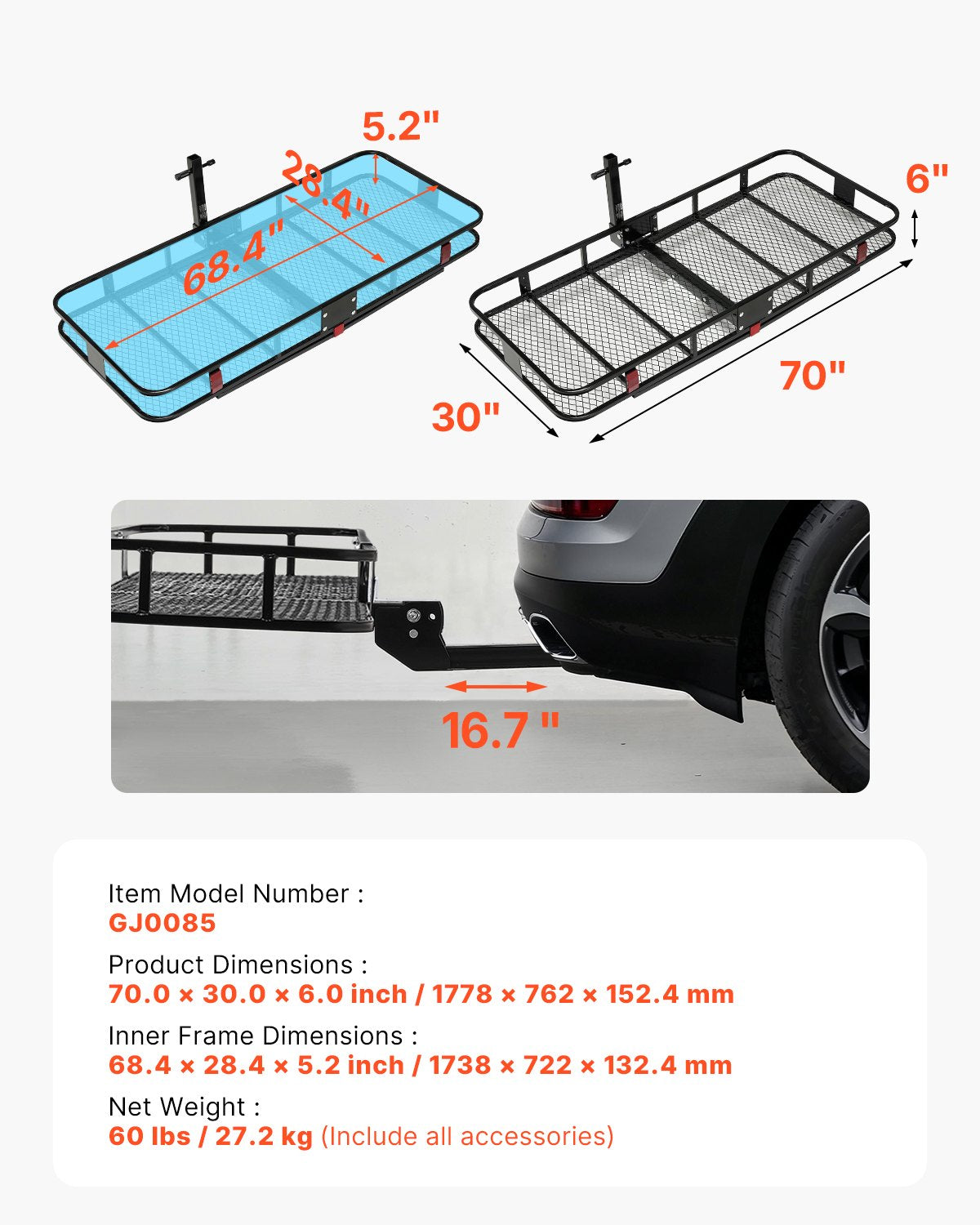 70" x 30" x 6", Hitch Cargo Carrier, 500 lbs Capacity Hitch Cargo Carrier with Nighttime Reflective Reminder, Folding Hitch Mount Cargo Carrier with Hitch Lock for 2" Receiver, Fit for SUVs