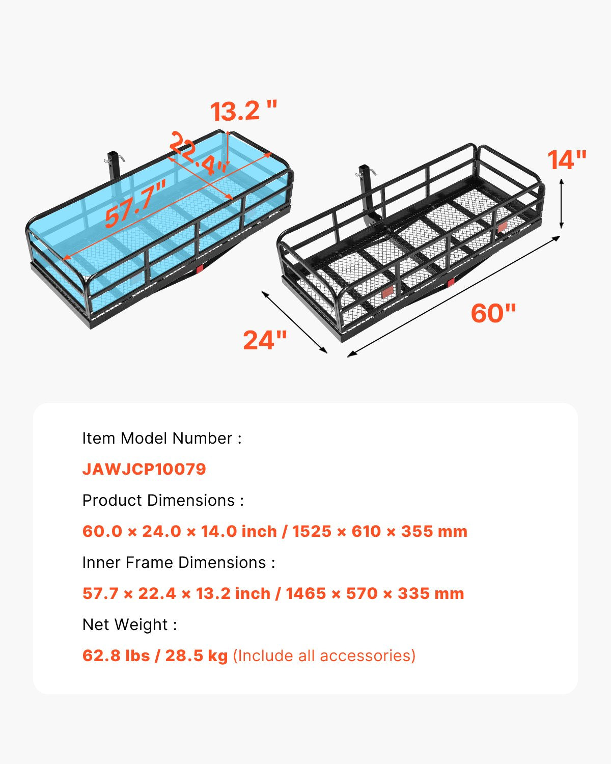 60" x 24" x 14", Hitch Cargo Carrier, 500 lbs Capacity Hitch Cargo Carrier with Anti-Rattle Hitch Stabilizer, Folding Hitch Mount Cargo Carrier with Pins and Latches, Fit for SUVs/Pickup Trucks