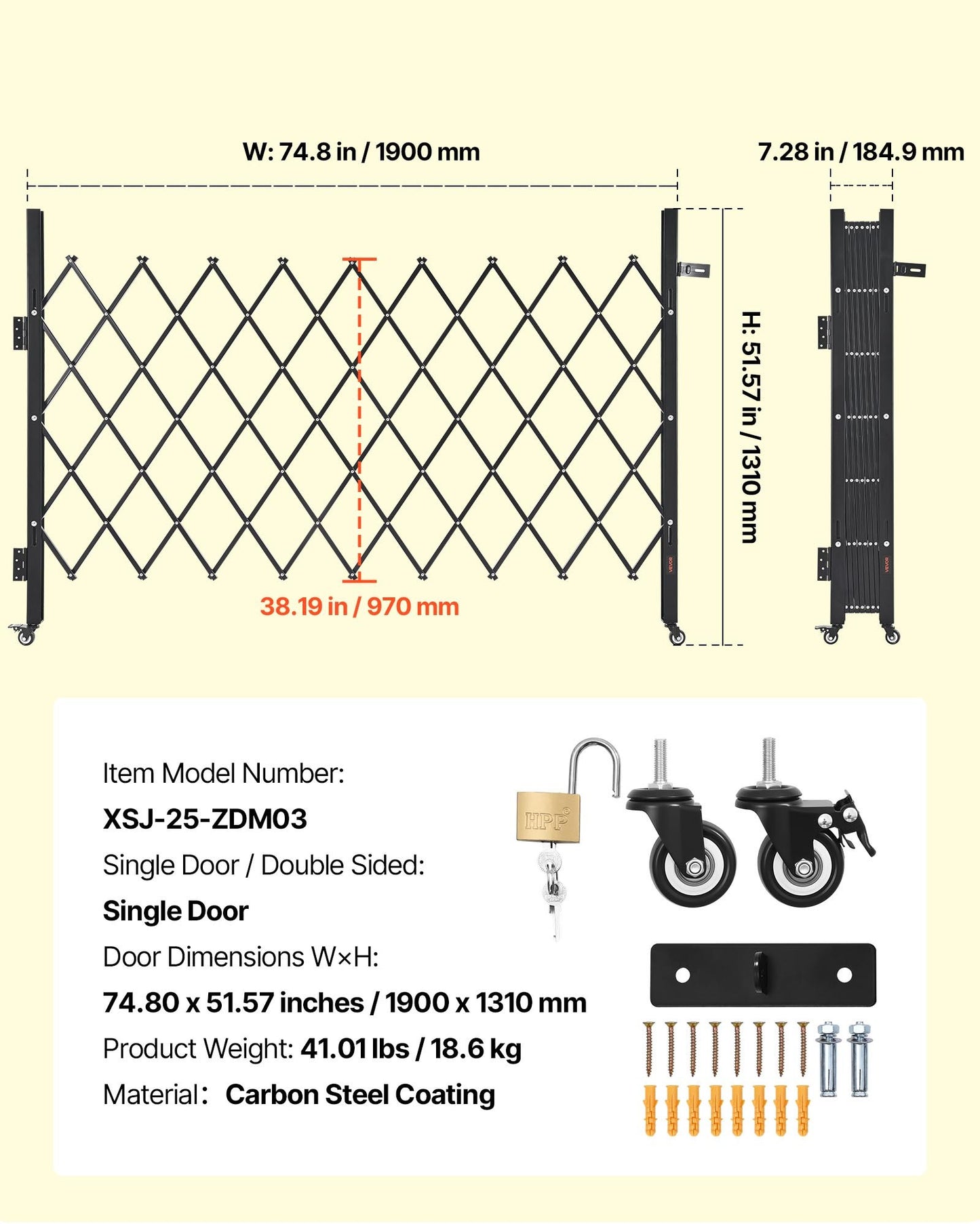 Single Folding Security Gate, Lockable Scissor Gate with 360° Swivel Casters, Outdoor Barricade Steel Retractable Gates, for Entry Security, Garage, Warehouse & Pool, 74.80 x 51.57 in (W x H)