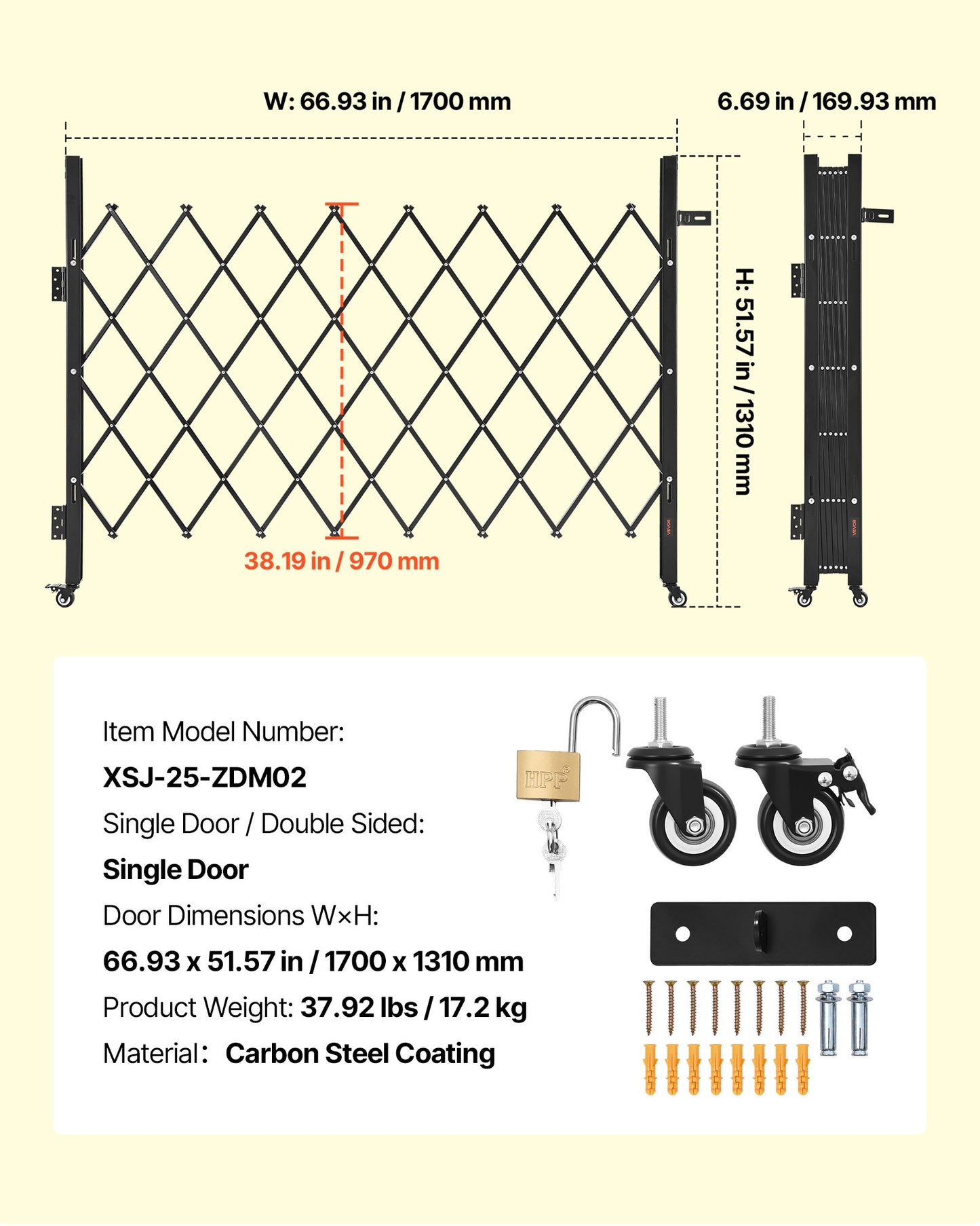 Single Folding Security Gate, Lockable Scissor Gate with 360° Swivel Casters, Outdoor Barricade Steel Retractable Gates, for Entry Security, Garage, Warehouse & Pool, 66.93 x 51.57 in (W x H)