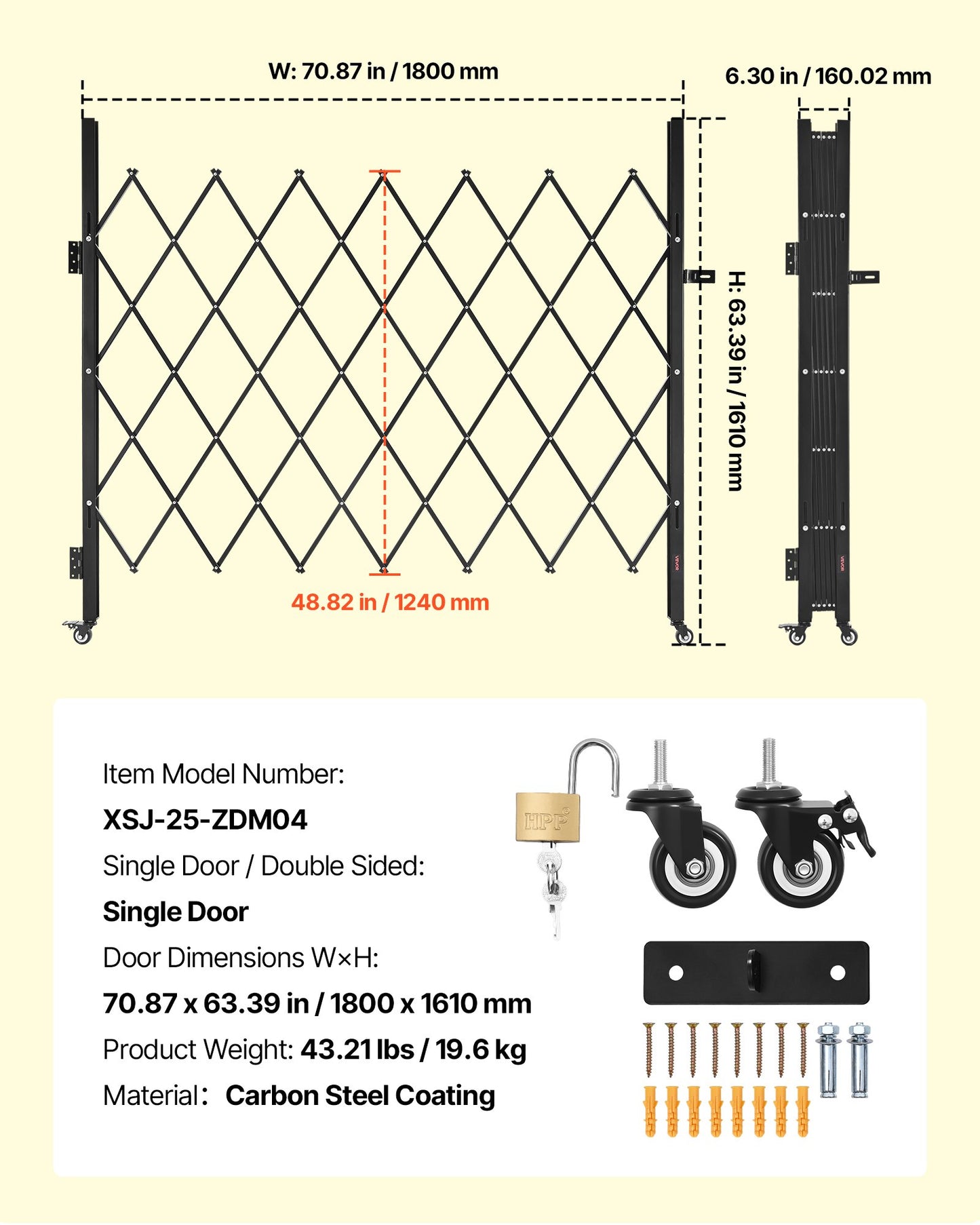 Single Folding Security Gate, Lockable Scissor Gate with 360° Swivel Casters, Outdoor Barricade Steel Retractable Gates, for Entry Security, Garage, Warehouse & Pool, 70.87 x 63.39 in (W x H)