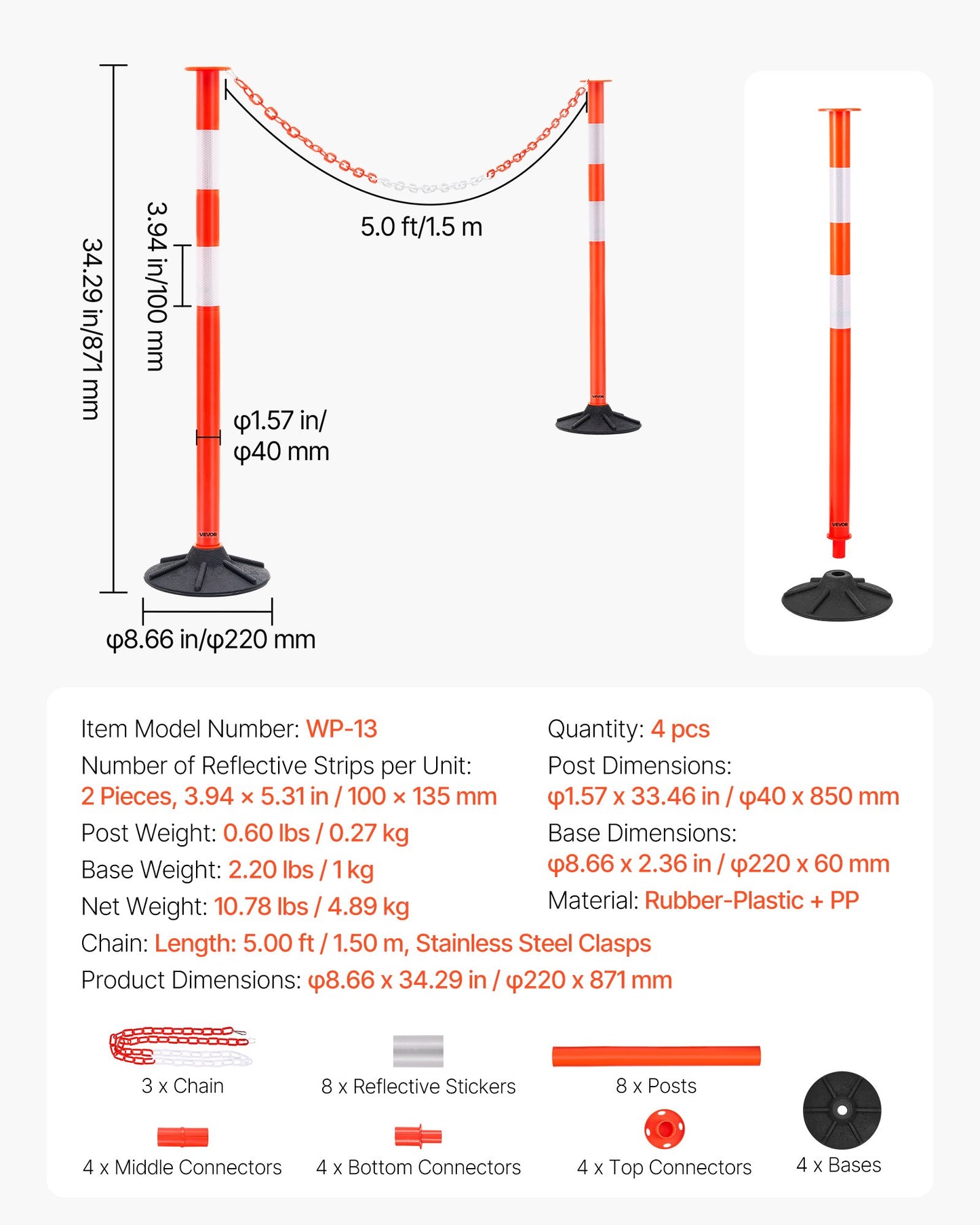4 Pack Traffic Delineator Posts, 34 in Traffic Safety Cones with Weighted Base, Reflective Strips and Chain, Heavy Duty Delineator Posts for Construction Site, Parking Lot, Crowd Control, Red