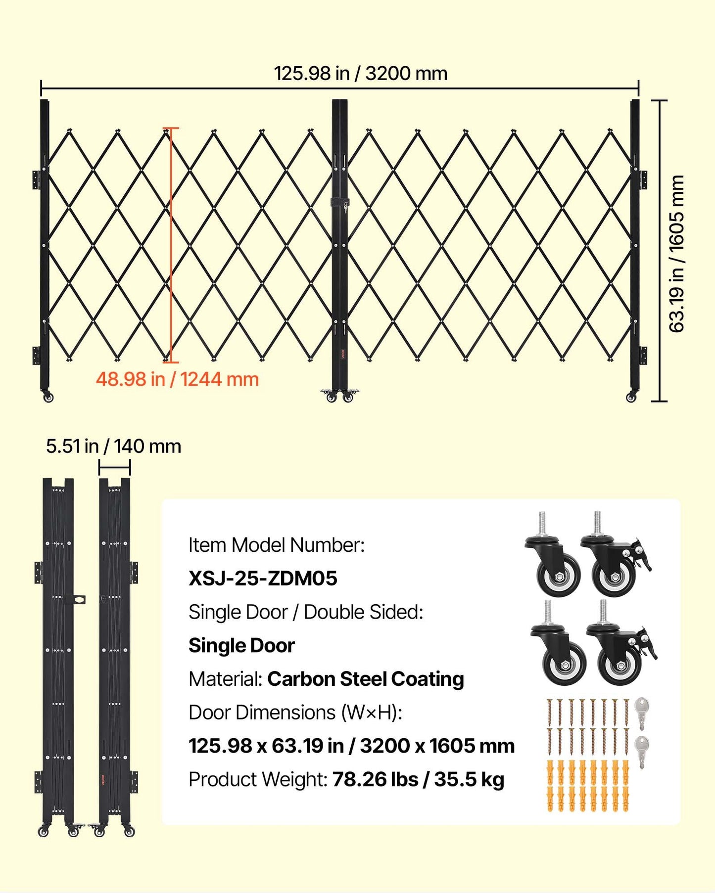 Double Folding Security Gate, Lockable Scissor Gate with 360° Swivel Casters, Outdoor Barricade Steel Retractable Gates, for Entry Security, Garage, Warehouse & Pool, 125.98 x 63.19 in (W x H)