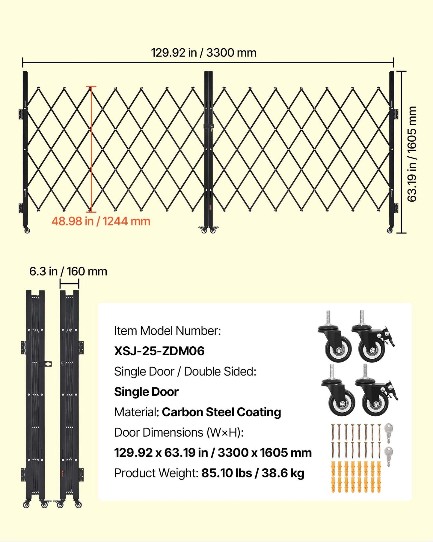 Double Folding Security Gate, Lockable Scissor Gate with 360° Swivel Casters, Outdoor Barricade Steel Retractable Gates, for Entry Security, Garage, Warehouse & Pool, 129.92 x 63.19 in (W x H)