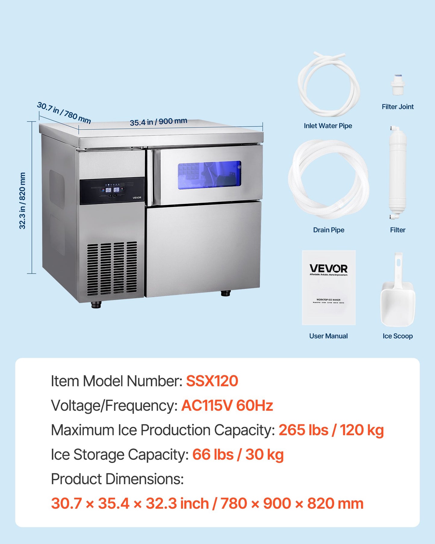 Commercial Ice Maker Machine, 265 lbs/24H Stainless Steel Ice Machine with Worktop, 66 lbs Storage & 126 Cubes/Cycle, Self-Cleaning Freestanding Ice-Making for Home Bar Office Restaurant Kitchen