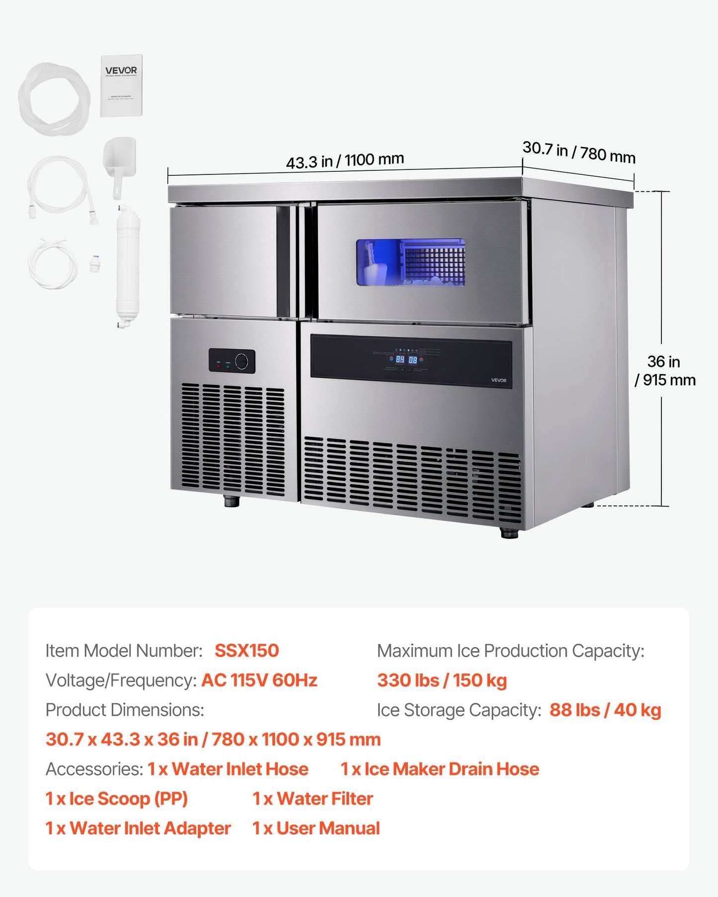 Commercial Ice Maker Machine, 330 lbs/24H Stainless Steel Ice Machine with Worktop, 88 lbs Storage & 144 Cubes/Cycle, Self-Cleaning Freestanding Ice-Making for Home Bar Office Restaurant Kitchen