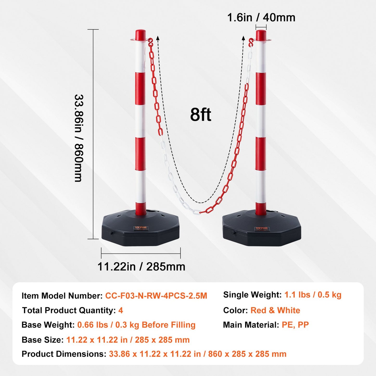 Adjustable Traffic Delineator Post Cones, 4 Pack, Traffic Safety Delineator Barrier with Fillable Base 8FT Chain, for Traffic Control Warning Parking Lot Construction Caution Roads, Red & White