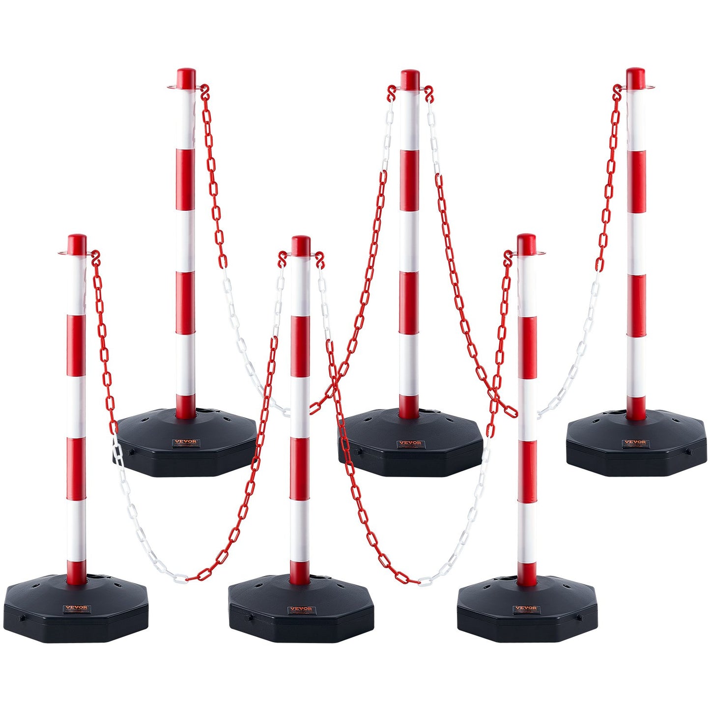 Adjustable Traffic Delineator Post Cones, 6-Pack, Traffic Safety Delineator Barrier with Fillable Base 6.6FT Chain, for Traffic Control Warning Parking Lot Construction Warning Roads, Red&White