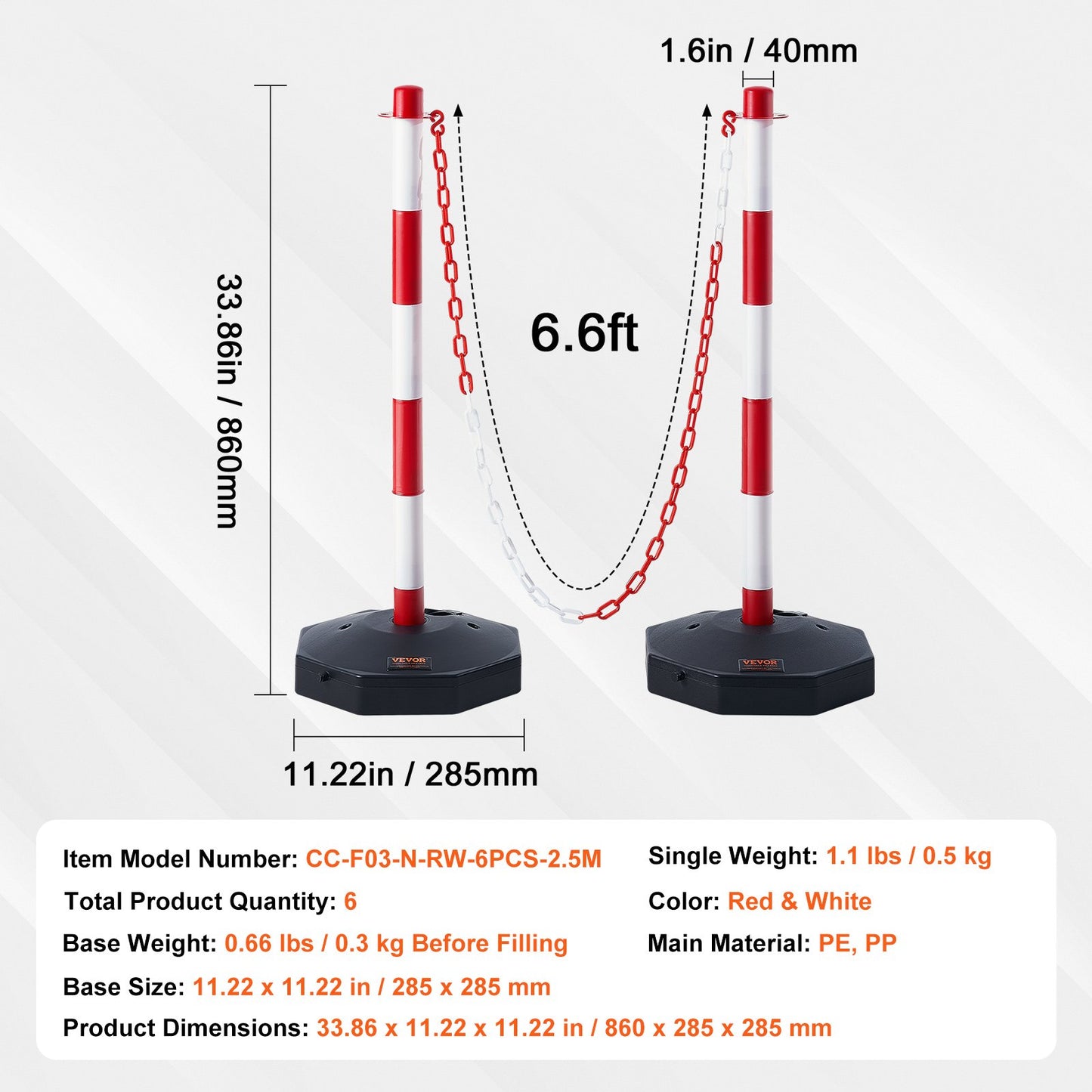 Adjustable Traffic Delineator Post Cones, 6 Pack, Traffic Safety Delineator Barrier with Fillable Base 6.6FT Chain, for Traffic Control Warning Parking Lot Construction Caution Roads, Red&White