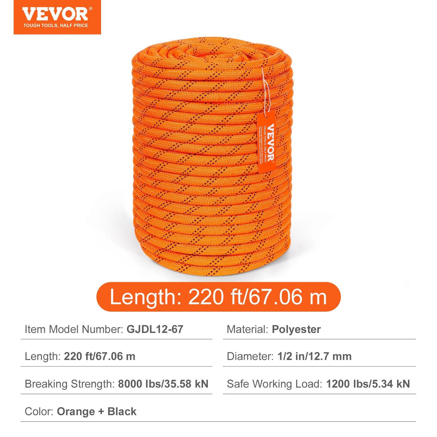 Dual-Weave Polyester Cord, 1/2 inch x 220 feet, 48-Strand, 8000 LBS Tensile Strength, Multi-Use Outdoor Rope for Camping, Swinging, Rappelling, and Rescue, Orange/Black