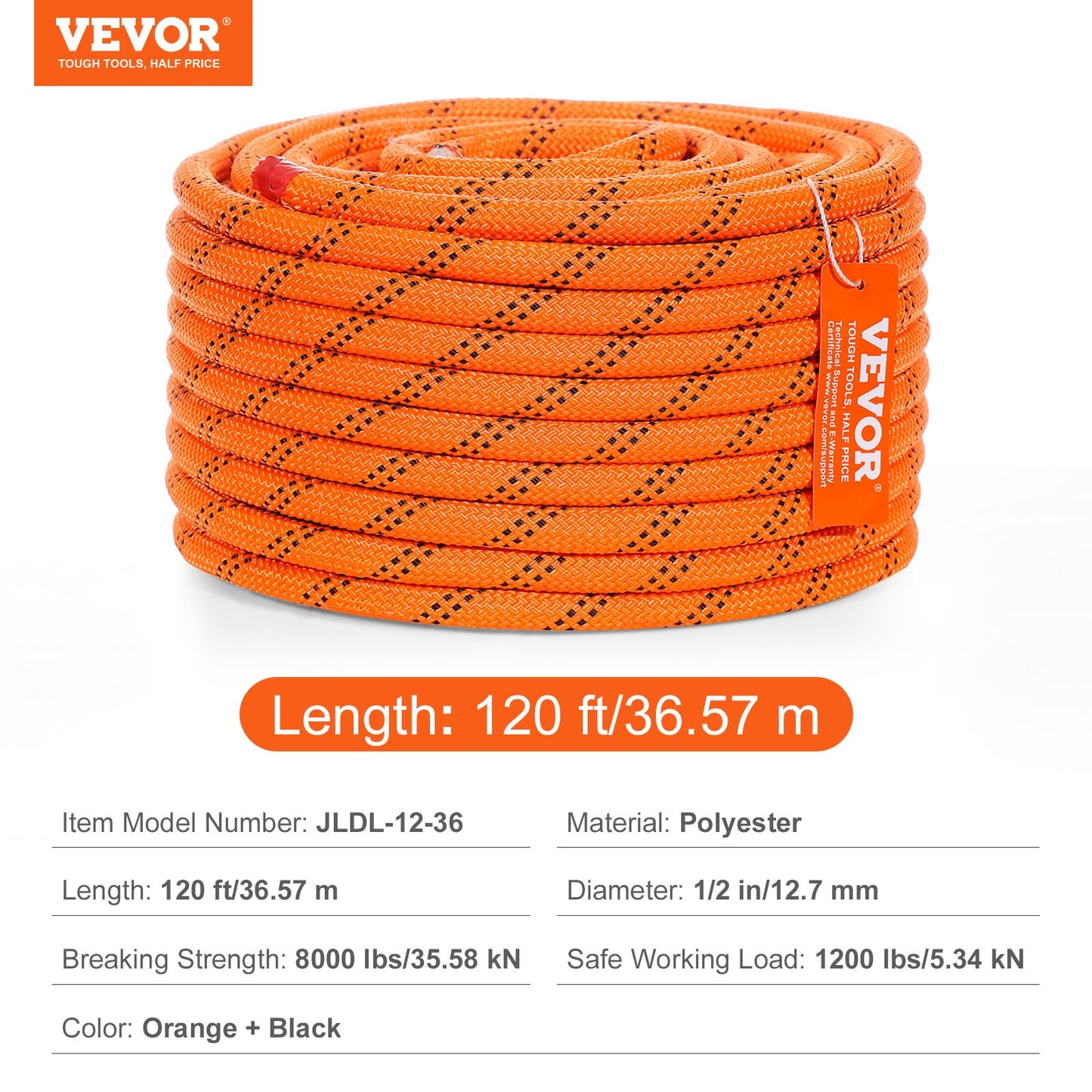 Dual Twisted Polyester Cord, 1/2 inch by 120 feet, 48-Strand, 8000 LBS Tensile Strength, Multi-Use Outdoor Rope for Arborist Activities, Hiking, Swinging, Rappelling, and Rescue, Or