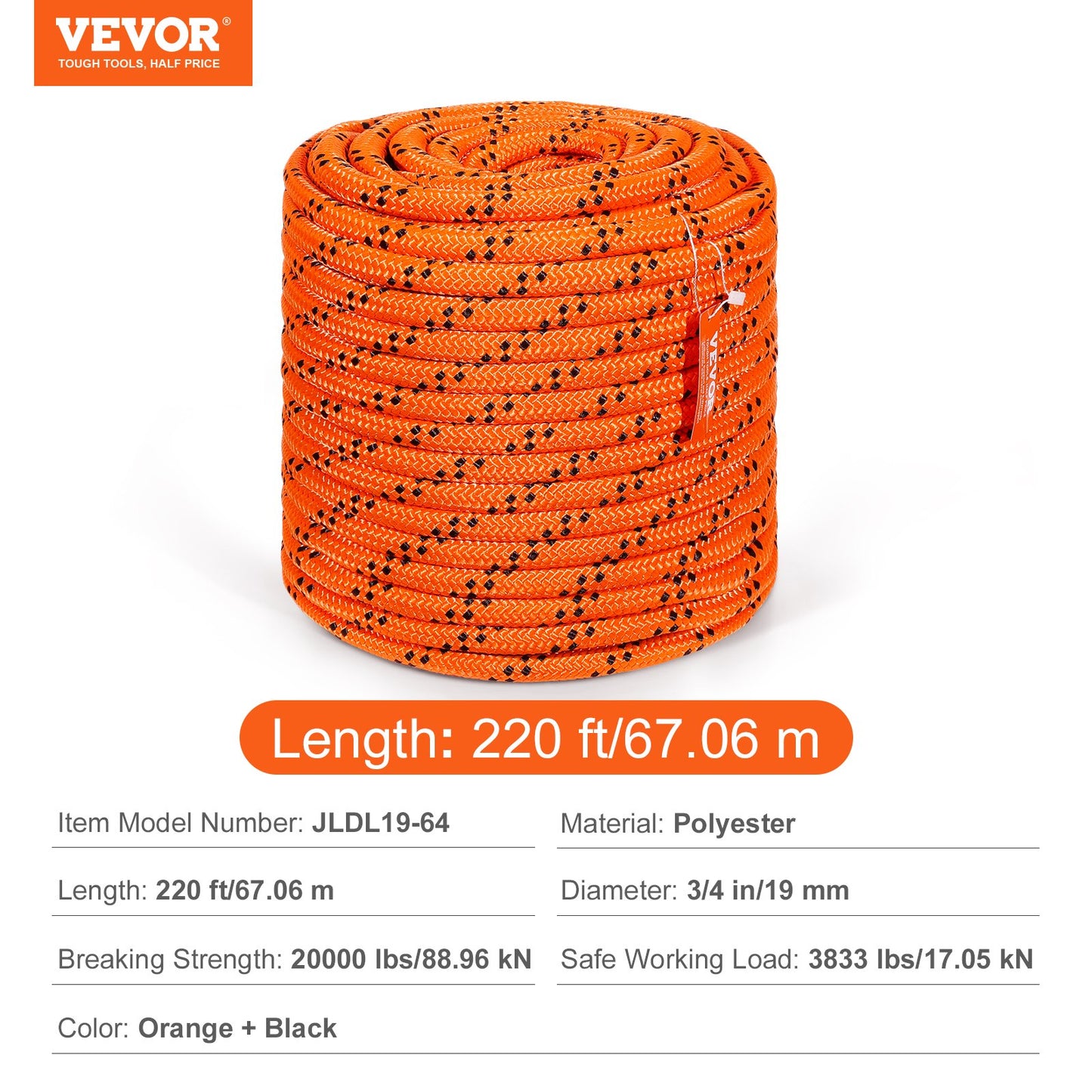 Double Braided Polyester Rope, 3/4 in x 220 ft, 24 Strands, 12700 LBS Breaking Strength Outdoor Rope, Arborist Rigging Rope for Rock Hiking Camping Swing Rappelling Rescue, Orange/Black