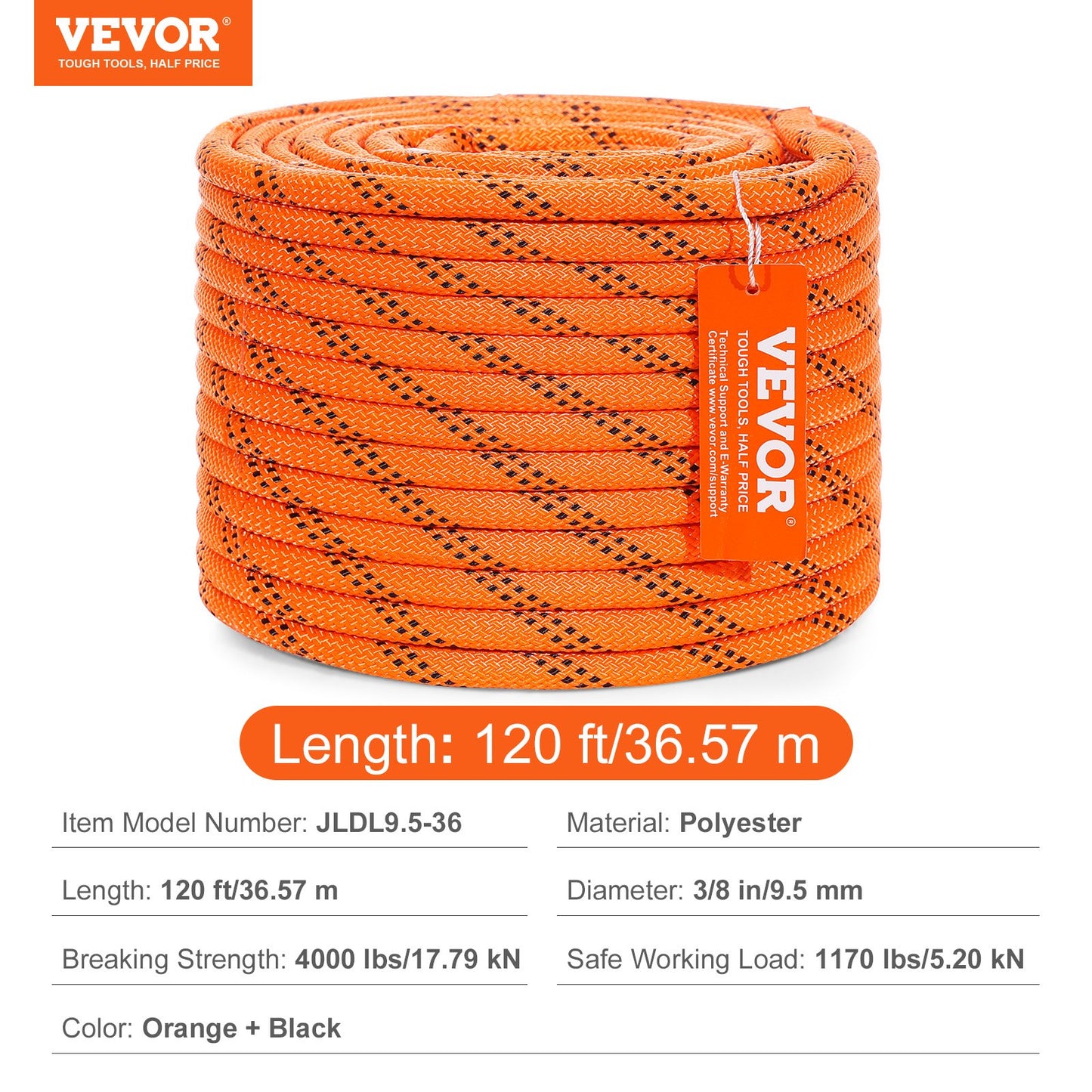 Dual-Weave Polyester Cord, 3/8 inch by 120 feet, 48-Strand, 4000 Pound Tensile Strength, Multi-Use Rope for Arborist Activities, and Outdoor Adventures, Orange/Black
