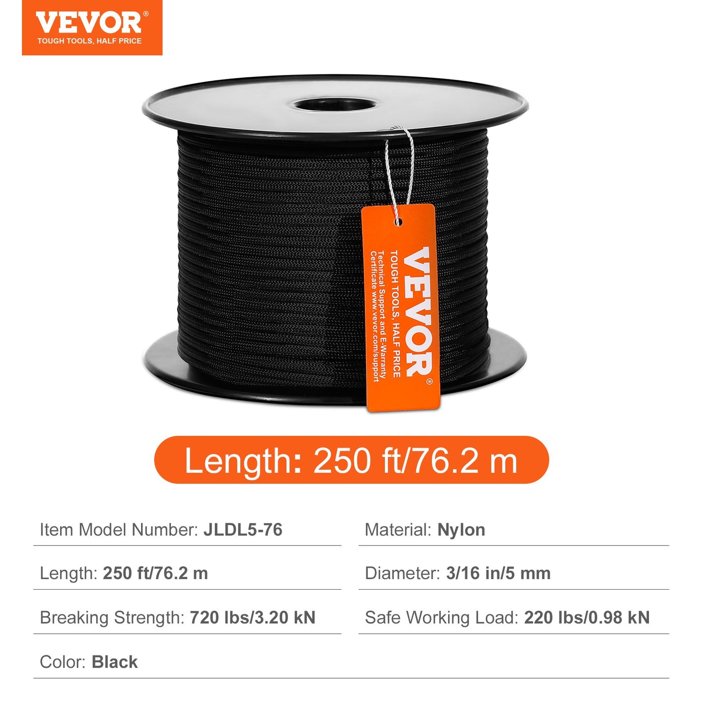 Braided Nylon Cord, 3/16 inch by 250 feet, 32-Strand Design, 720 LBS Tensile Strength, Multi-Purpose Black Rope for Outdoor, Tree Work, Hiking, Swinging, and Rescue Operations