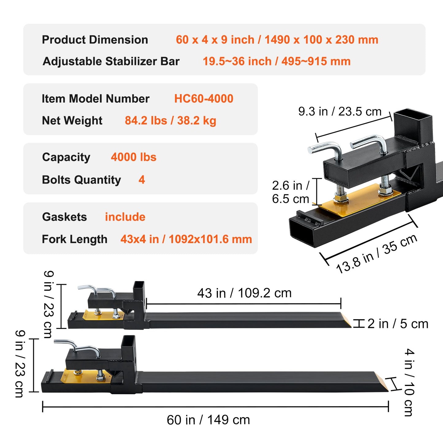 Pallet Forks, 4000 lbs Capacity clamp on Pallet Forks, 60" Tractor Bucket Forks, Heavy Duty Front Loader Attachment for Tractor, Loader Bucket, Skid Steer, Tractor Forks for Agriculture and Farm