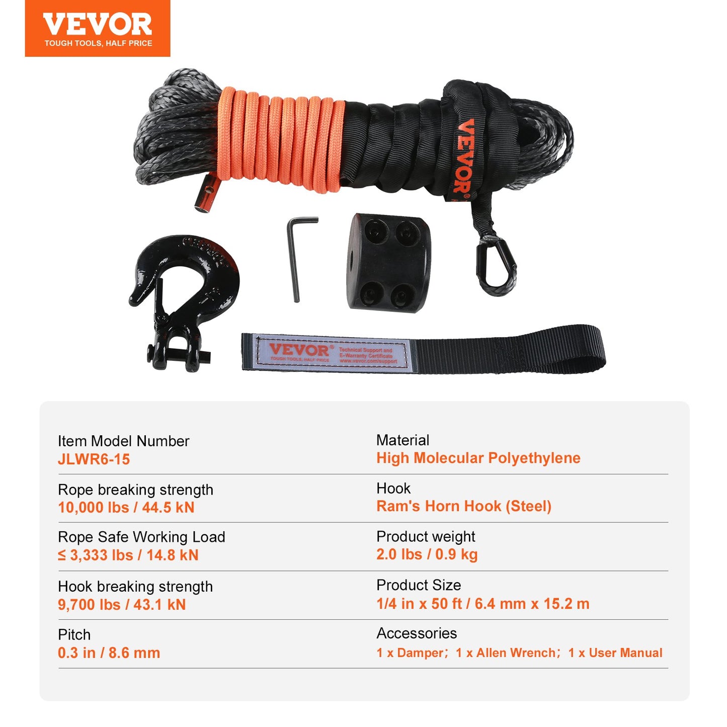 Synthetic Winch Rope, 1/4 Inch x 50 Feet 10,000 lbs Synthetic Winch Line Cable Rope with Protective Sleeve + Stopper + Forged Winch Hook + Pull Strap, Fit for ATV, UTV, Small Vehicle, Pickup