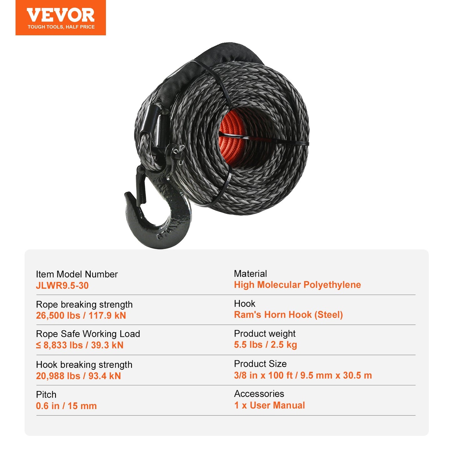 Synthetic Winch Rope, 3/8 Inch x 100 Feet 26,500 lbs Synthetic Winch Line Cable Rope with Protective Sleeve + Forged Winch Hook + Pull Strap, Universal Fit for SUV, Large Off-Road Vehicle, Truck