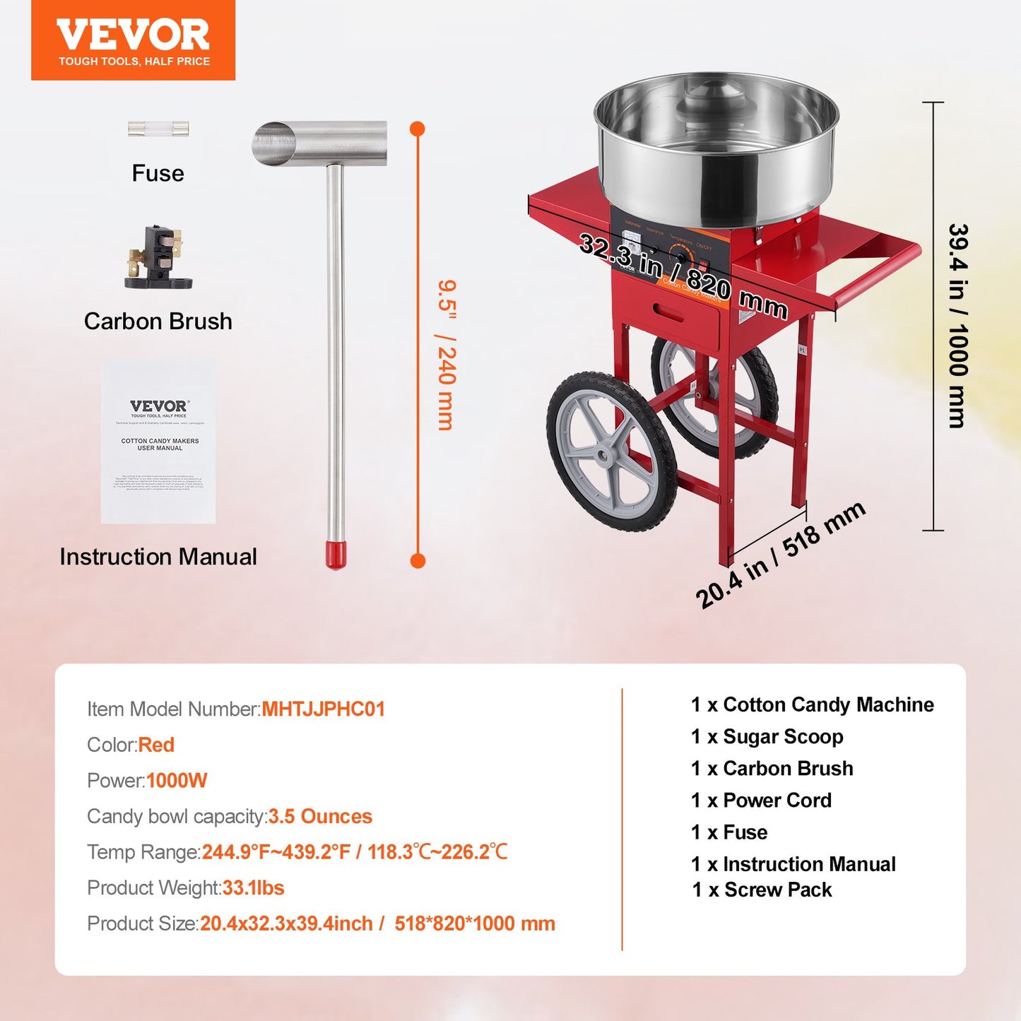 Electric Cotton Candy Machine with Cart, 1000W Commercial Candy Floss Maker with Stainless Steel Bowl, Sugar Scoop and Drawer, Perfect for Home, Kids Birthday, Family Party, Red