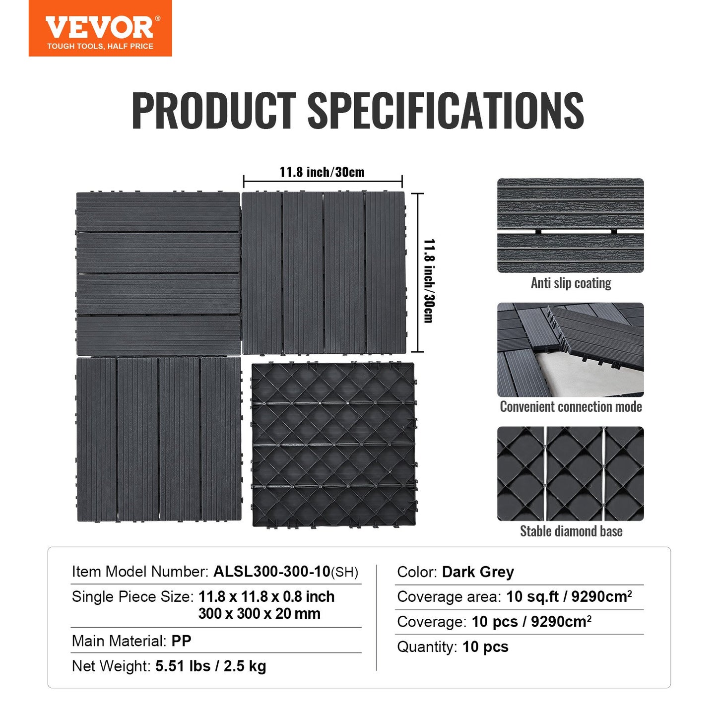 Interlocking Deck Tiles 10 Pack 12"x12" Plastic for Porch Dark Grey