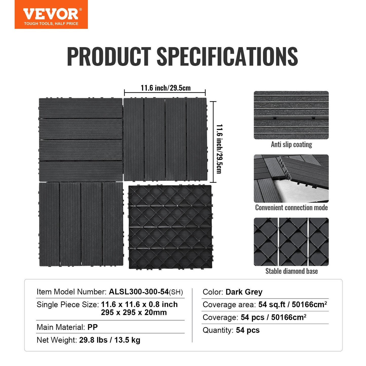 Interlocking Deck Tiles, 54 Pack,12"x12" 54 sq. ft Plastic Waterproof Outdoor Flooring All Weather Use, Patio Floor Decking Covering Tiles for Porch Poolside Balcony Backyard, Dark Grey