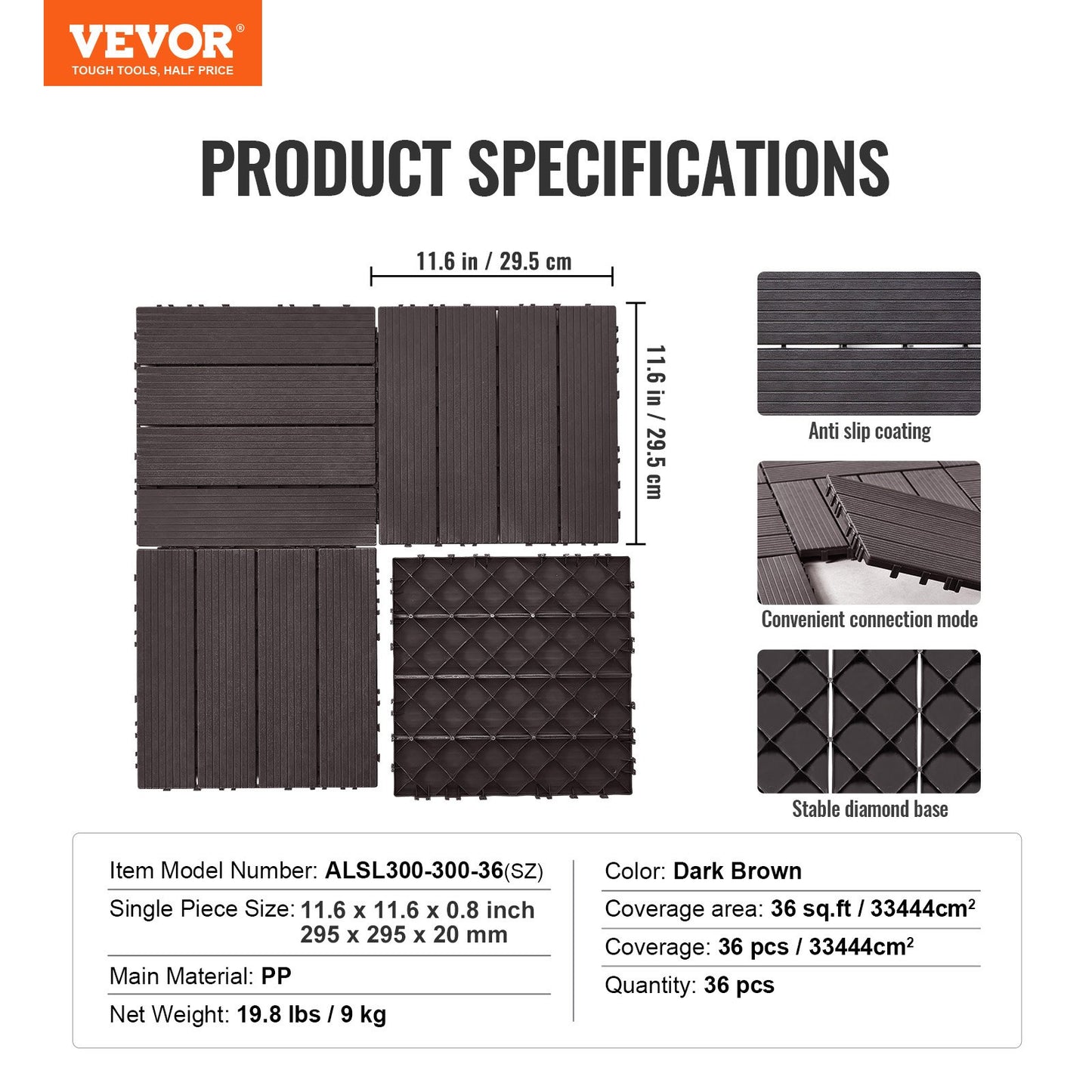 Interlocking Deck Tiles, 36 Pack,11.6"x11.6" 36 sq. ft Plastic Waterproof Outdoor Flooring All Weather Use, Patio Floor Decking Covering Tiles for Porch Poolside Balcony Backyard, Dark Brown