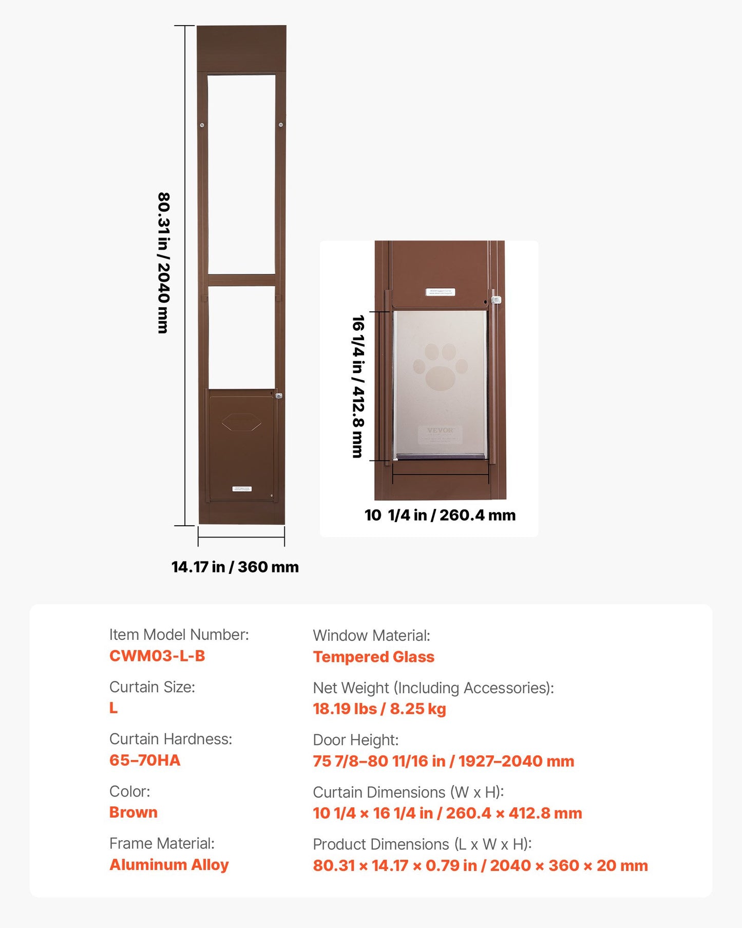 Dog Door for Sliding Glass Door, 75 7/8 to 80 11/16 in Adjustable Height, Aluminum Alloy Frame with Rotating Hinges, Lock Design, 10 1/4 x 16 1/4 in Flap, Sliding Glass Pet Door for Renters