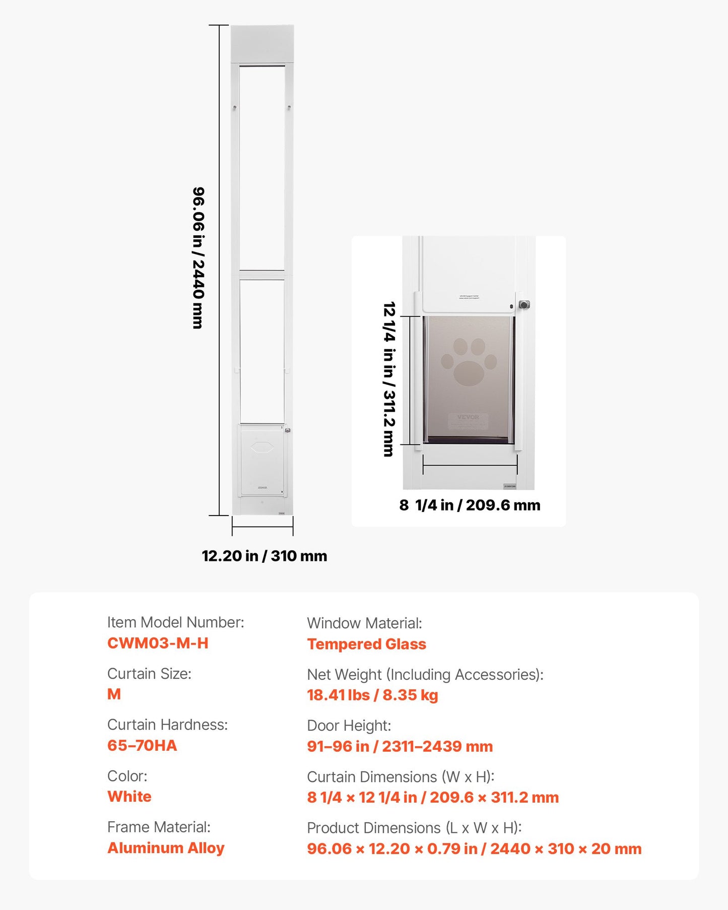 Dog Door for Sliding Glass Door, 91 to 96 in Adjustable Height, Aluminum Alloy Frame with Metal Rotating Hinges, Lock Design, 8 1/4 x 12 1/4 in Flap, Sliding Glass Pet Door for Renters